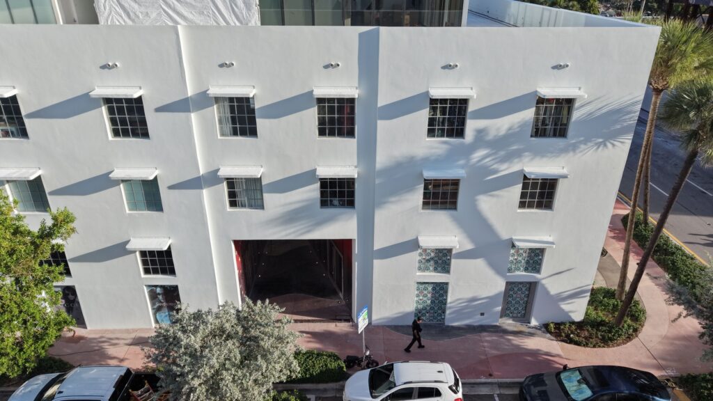 Completed Faena Bazaar front elevation after concrete restoration and coating, Miami Beach