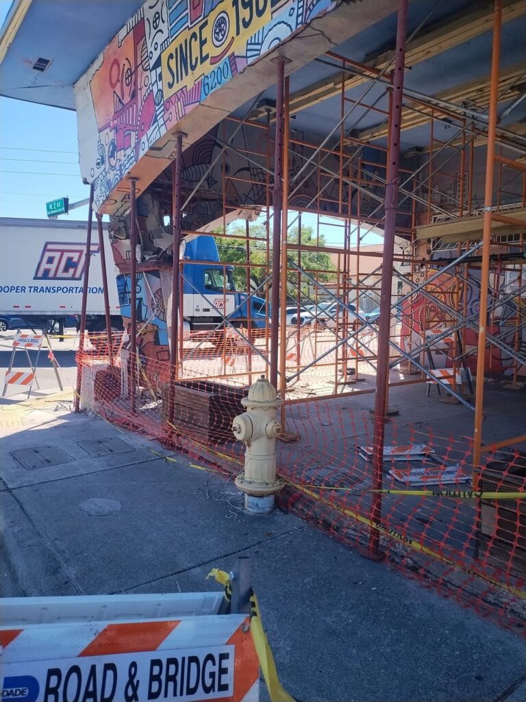 Structural restoration work on a commercial building in Little Haiti, Miami - vehicle impact shoring